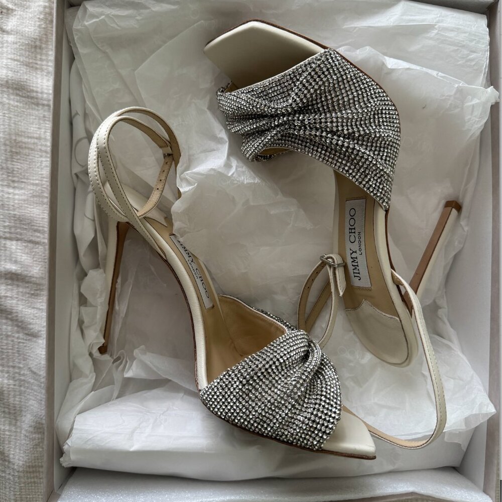 JIMMY CHOO Naria 110 Crystal-Embellished Leather Sandals White Size 39 - Picture 2 of 5